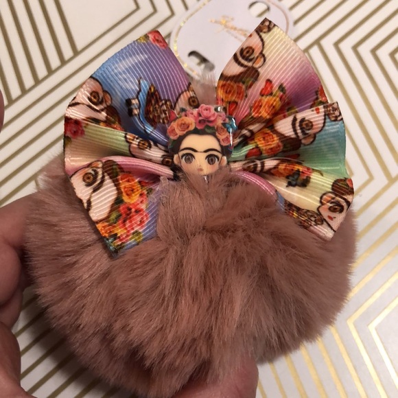 Frida Kahlo Cartoon Bow Soft Faux Fur Pom Pom Charm Ball Keychain Accessory - Picture 6 of 7